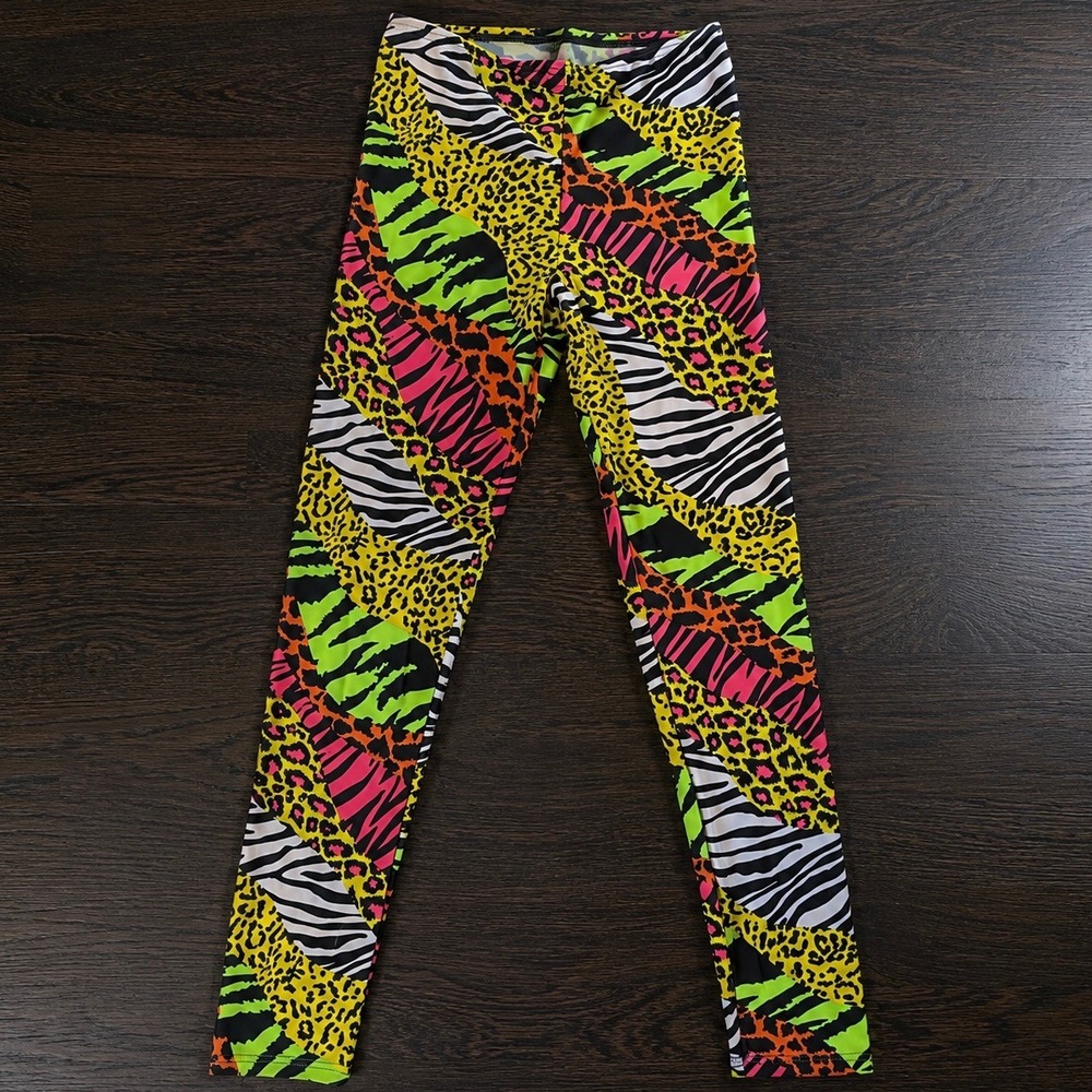 Weissman Adult S 80s Neon Rockstar Leggings Animal Print Zebra Cheetah Pants